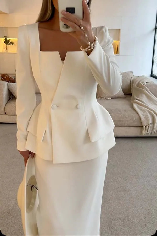 BWQ New Fashion Sexy Long Sleeve Square Neck Double Breasted Pocket Solid Color Slim Fit Suit + Skirt Set For Women,2 Colors