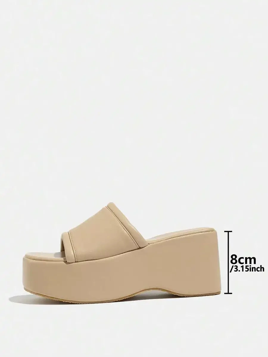 Womens Beige Platform Wedge Sandals Slip-On Casual Open-Toe Thick Sole