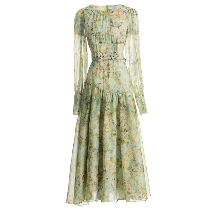 Women's Runway Dresses O Neck Long Sleeves Printed Drop Waist Elegant Fashion Designer Dress Vestidos