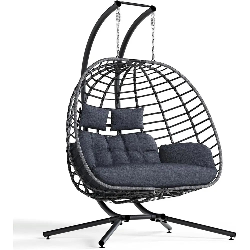 Double Egg Swing Chair with Stand, Outdoor Patio 2 Person Hanging Wicker Hammock Chairs with Cushion or Indoor Bedroom, Lawn, Ga
