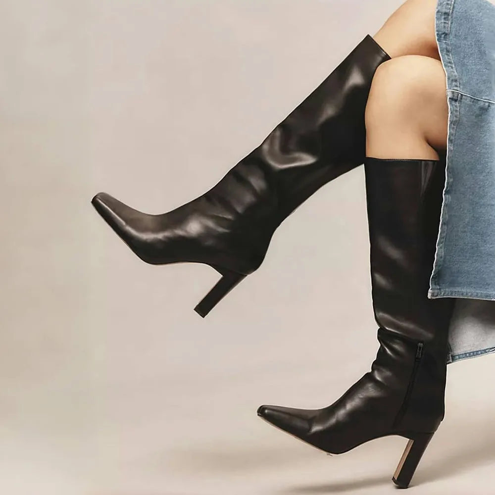 GIGIFOX Women Chunky High Heel Boots Square Toe Pull-on Side Zipper Knee High Shoes Elegant Fashion Dress Party Boots For Woman