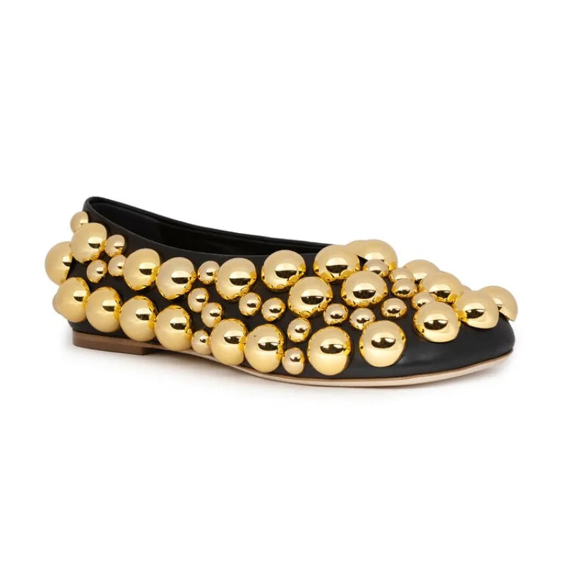 European AndAmerican Nichelightluxurycolorblocked Rivet Flat Bottomed Shallow Mouth Single Shoe Women's Fashion Runway Slippers