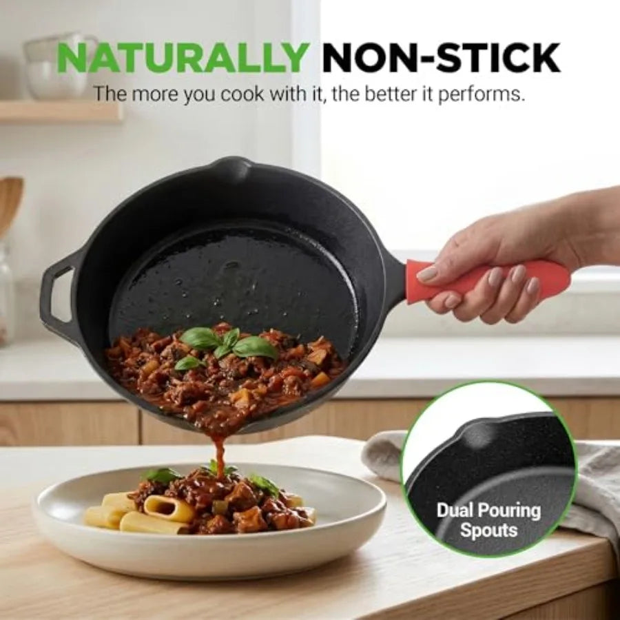 10 Inch Cast Iron Skillet with Lid - Pre-Seasoned Small Fry Pan with Side Drip Spout and Silicone Handle