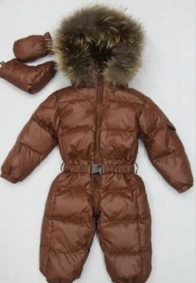 New baby winter fur collar hooded thick warm solid color cute sports zipper waist cinching jumpsuit