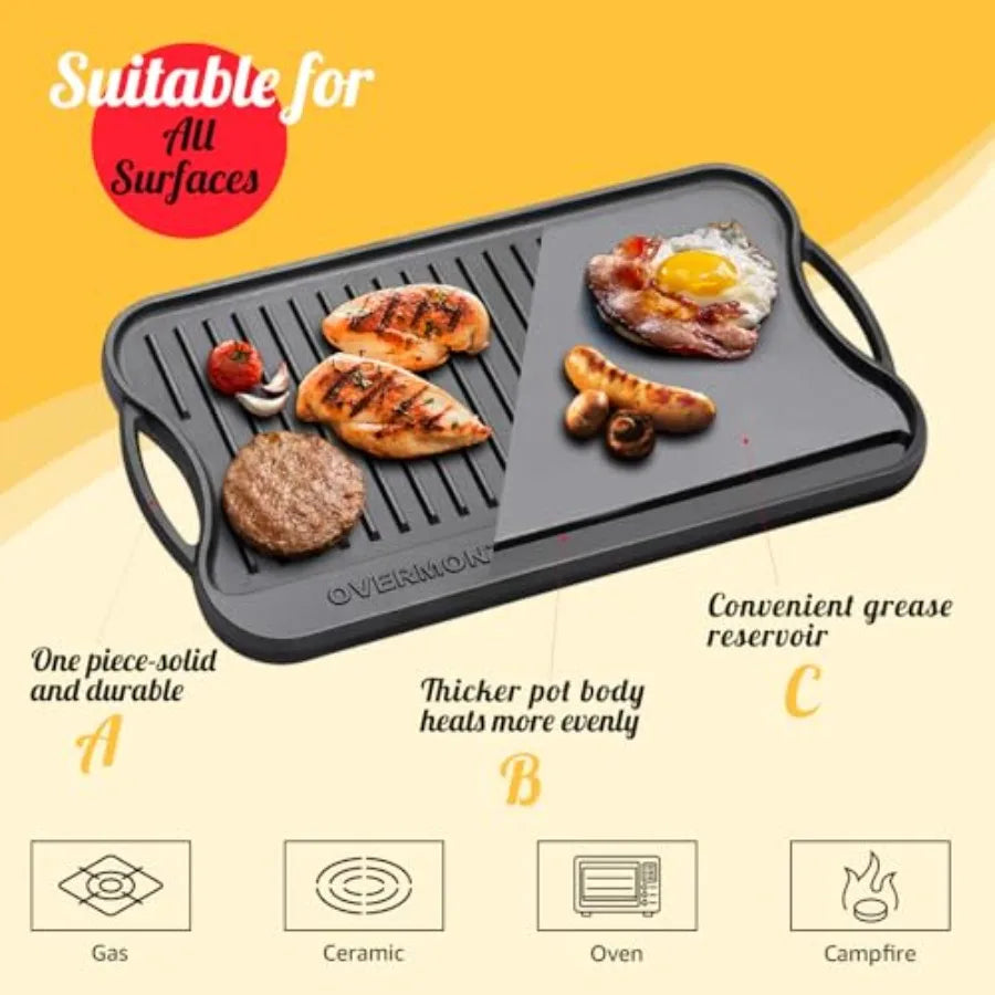 Pre-seasoned 17x9.8" Cast Iron Reversible Griddle Grill Pan with handles for Gas Stovetop Open Fire Oven One tray Scrapers Incl