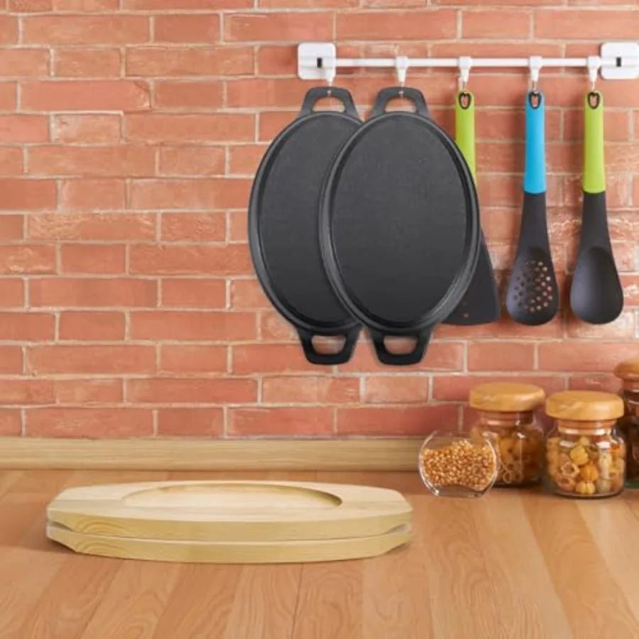 4 Pack Mini Cast Iron Fajita Skillet Set 8.5 x 6.1 Inch Sizzling Plate with Wooden Base Small Oval Casserole Dishes Cast Iron P