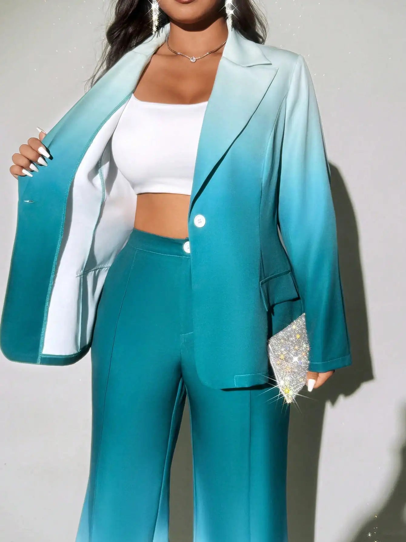 Plus Size Ombre Flared Suit Set for Women, Elegant Blazer & Wide Leg Pants, Fall Winter Stylish Outfit