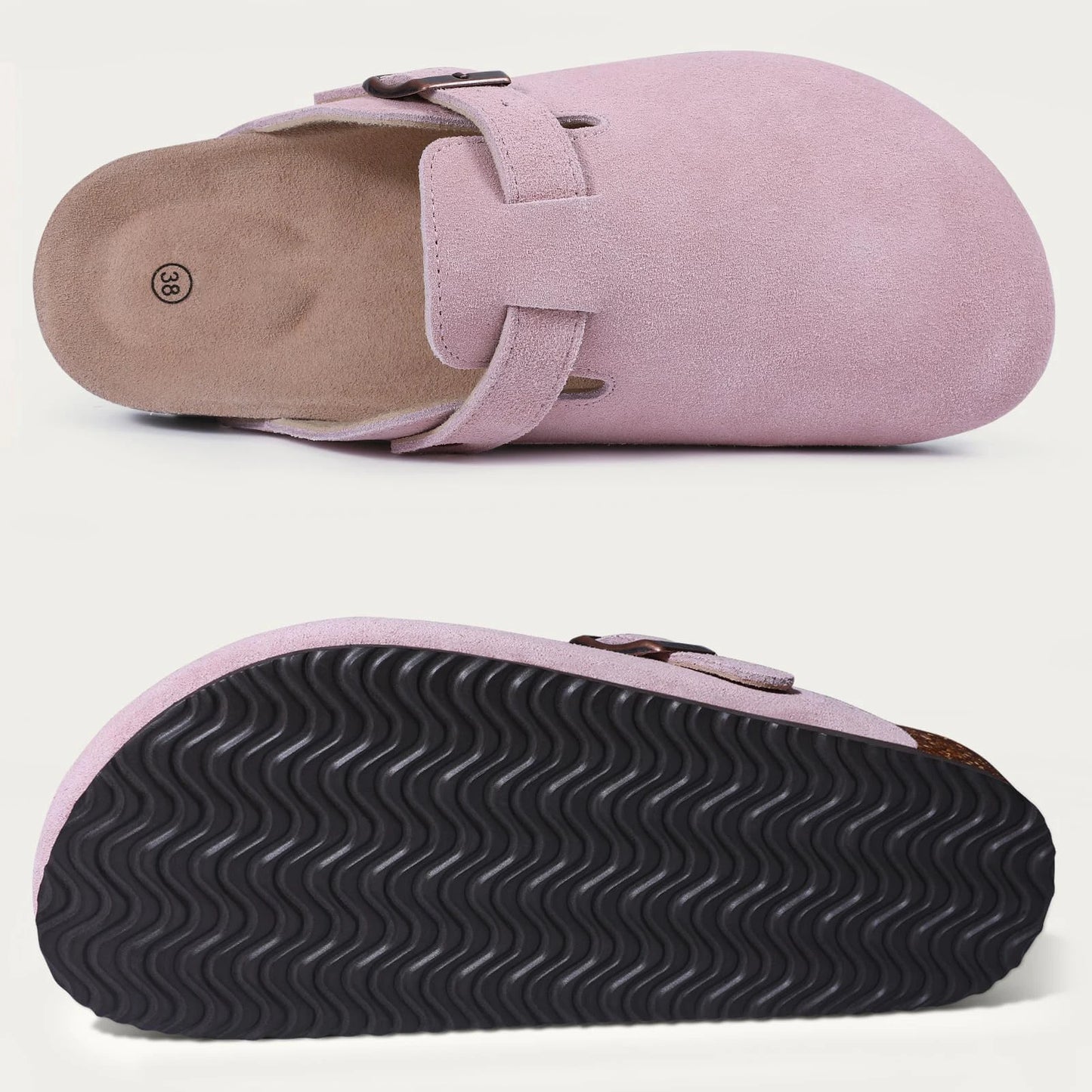 Bebealy Women's Genuine Clogs with Adjustable Strap Fashion Slip On Potato Shoes Cork Footbed Leather Mules With Arch Support