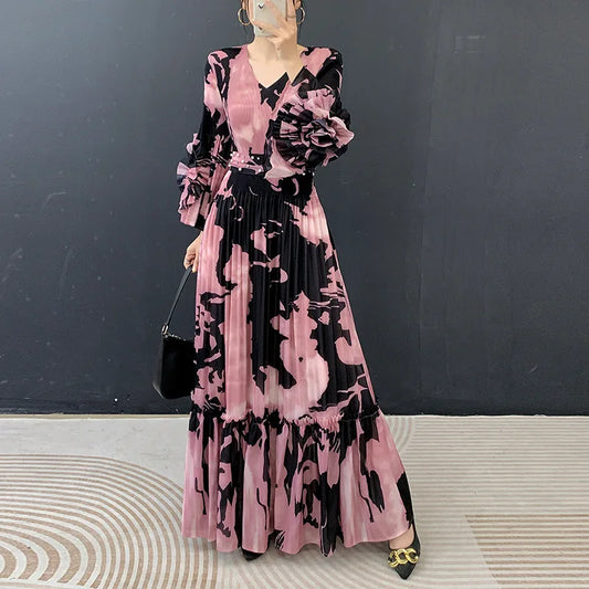 Fold Miyake Pleated Pink Tie Dye Floral Print V Neck Ruffle Sleeve Pearl Beaded Waist Maxi Dress Loose Breathable Elegant Wear