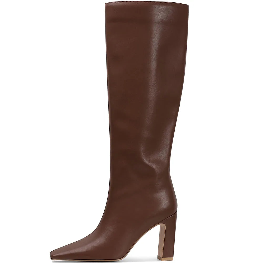 GIGIFOX Women Chunky High Heel Boots Square Toe Pull-on Side Zipper Knee High Shoes Elegant Fashion Dress Party Boots For Woman