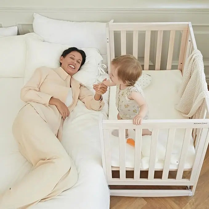 11-in-1 Convertible Baby Crib With Removable Wheels, Washed Natural, 4 Mattress Heights, New Zealand Pinewood, MAMAZING