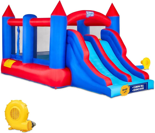 Inflatable Bouncy Castle with Dual Slide - Heavy-Duty for Outdoor Fun - Climbing Wall, Slides, Bounce House - Easy to Set Up & I