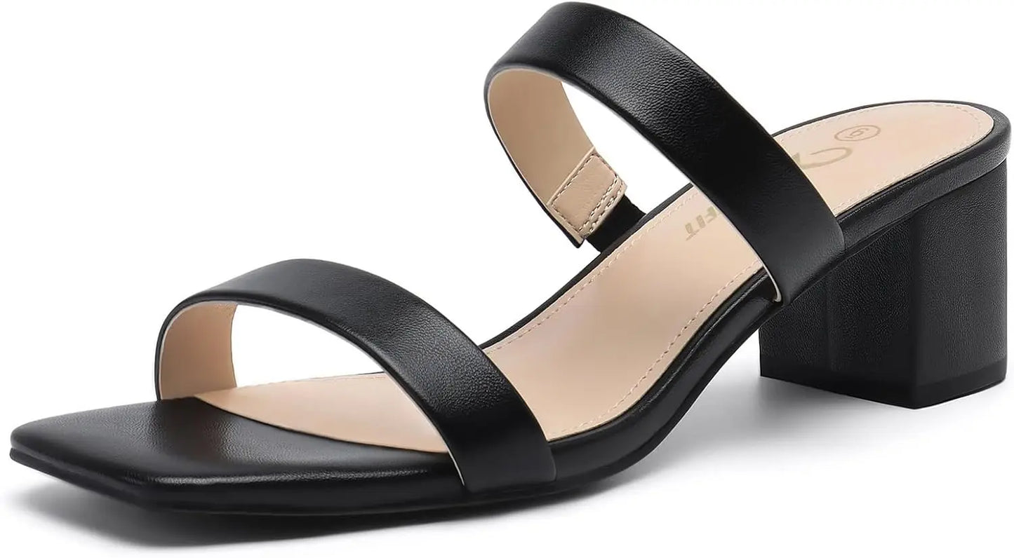 Women's Two Strap Open Toe Heels Sandals Chunky Block Comfortable Slip On Low Heel Dress Shoes