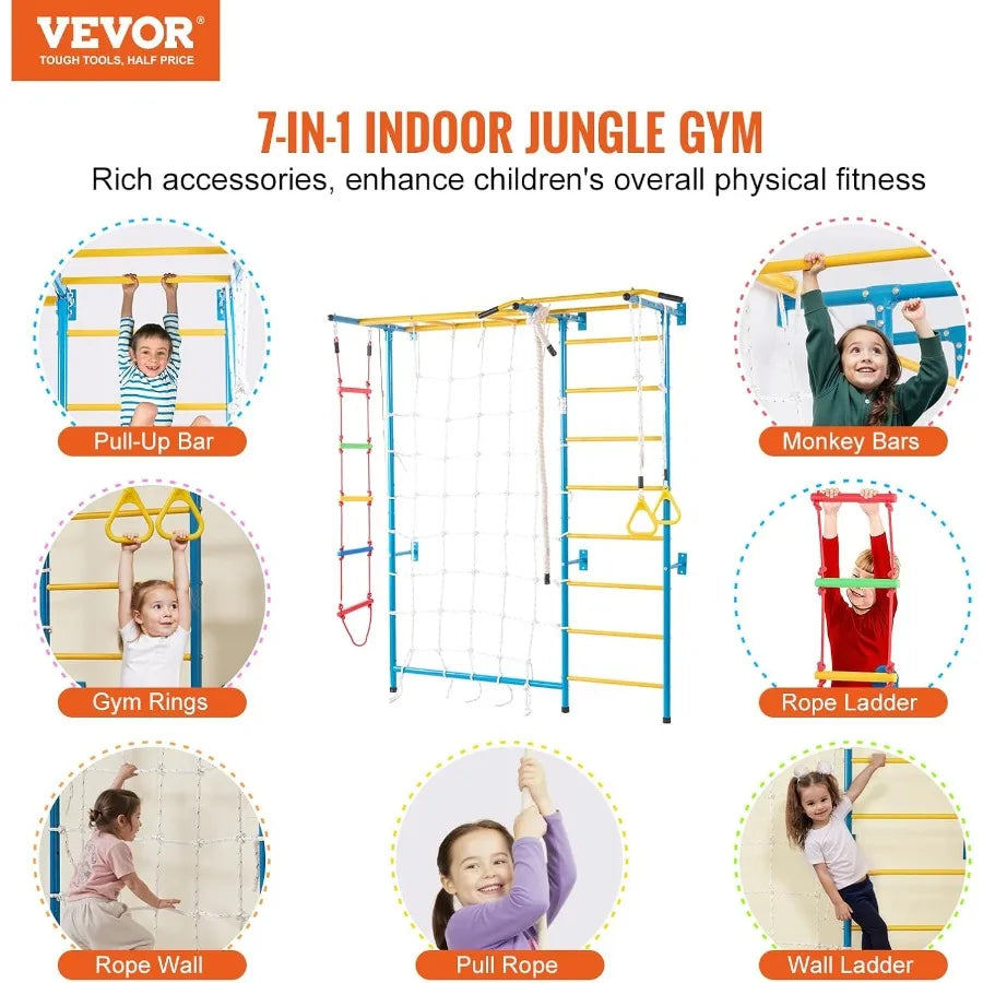 Indoor Jungle Gym for Toddlers 7in1 Climbing Playset with Carbon Steel Swedish Ladder Wall Ladder PullUp Bar Rope Ladder and Gy