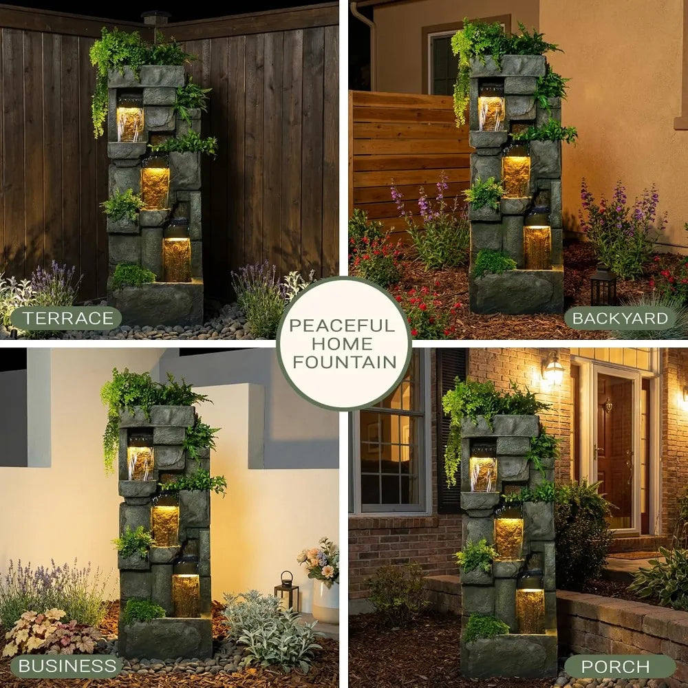 Garden Water Fountains Outdoor Floor Standing, 3 Tier Rock Waterfall Fountain with LED Lights and Pump for Garden,, Customized