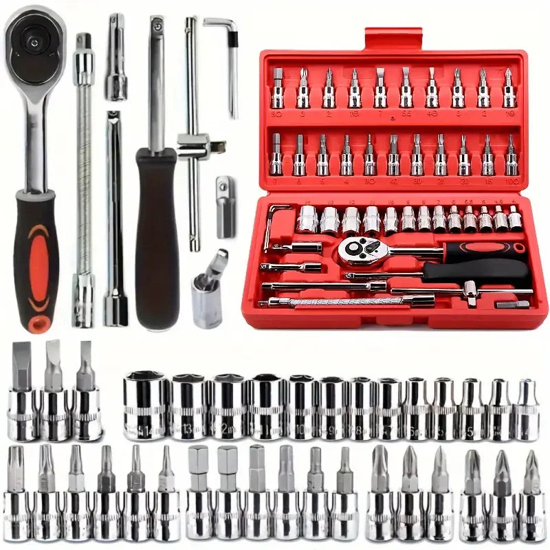 46-piece set 1/4 ratchet wrench with hexagonal sleeve wrench set Automobile repair tool complete set Quick tool Quick repair