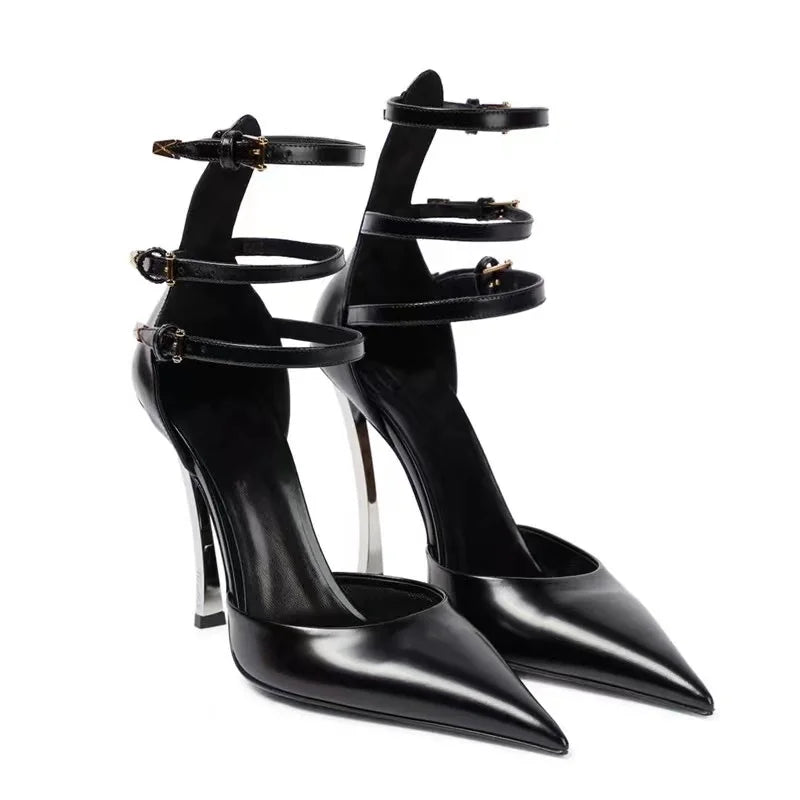 Women's High-end Metal Thin High-heeled Pointed Sandals Fashion Models Sexy Nightclub Party Shoes Wedding Red High-heeled Shoes