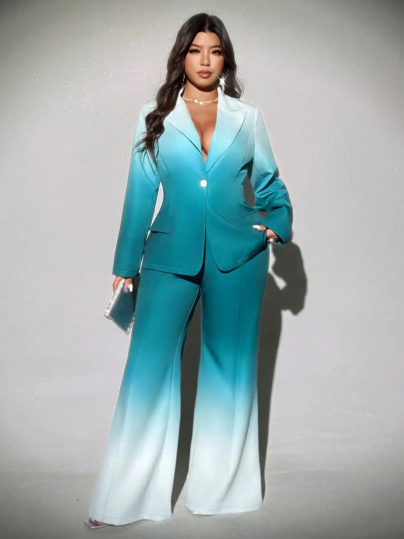 Plus Size Ombre Flared Suit Set for Women, Elegant Blazer & Wide Leg Pants, Fall Winter Stylish Outfit