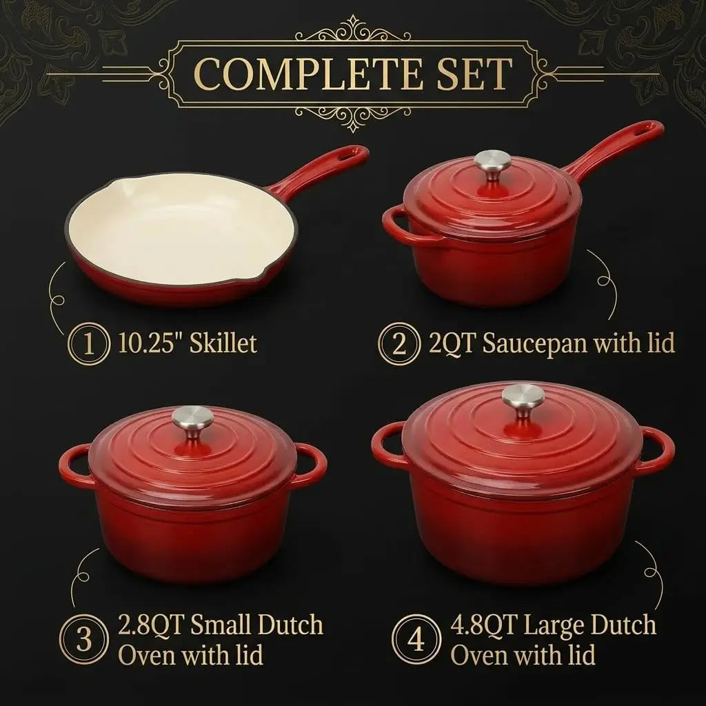 7-Piece Enameled Cast Iron Cookware Set with Lids, Nonstick Pots and Pans for Even Heating on All Stovetops, Red