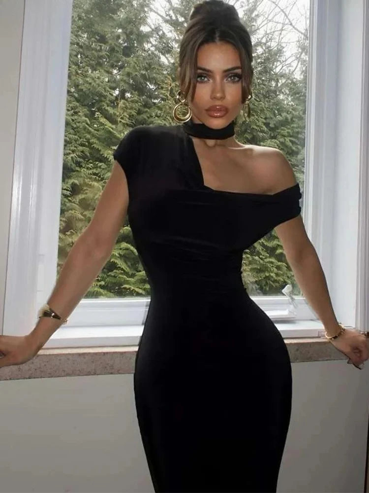 Weird Puss Incline Shoulder Dress Woman Summer Sexy Solid Irregular Collar Elegant Sleeveless Chic Party Skinny Evening Vestidos