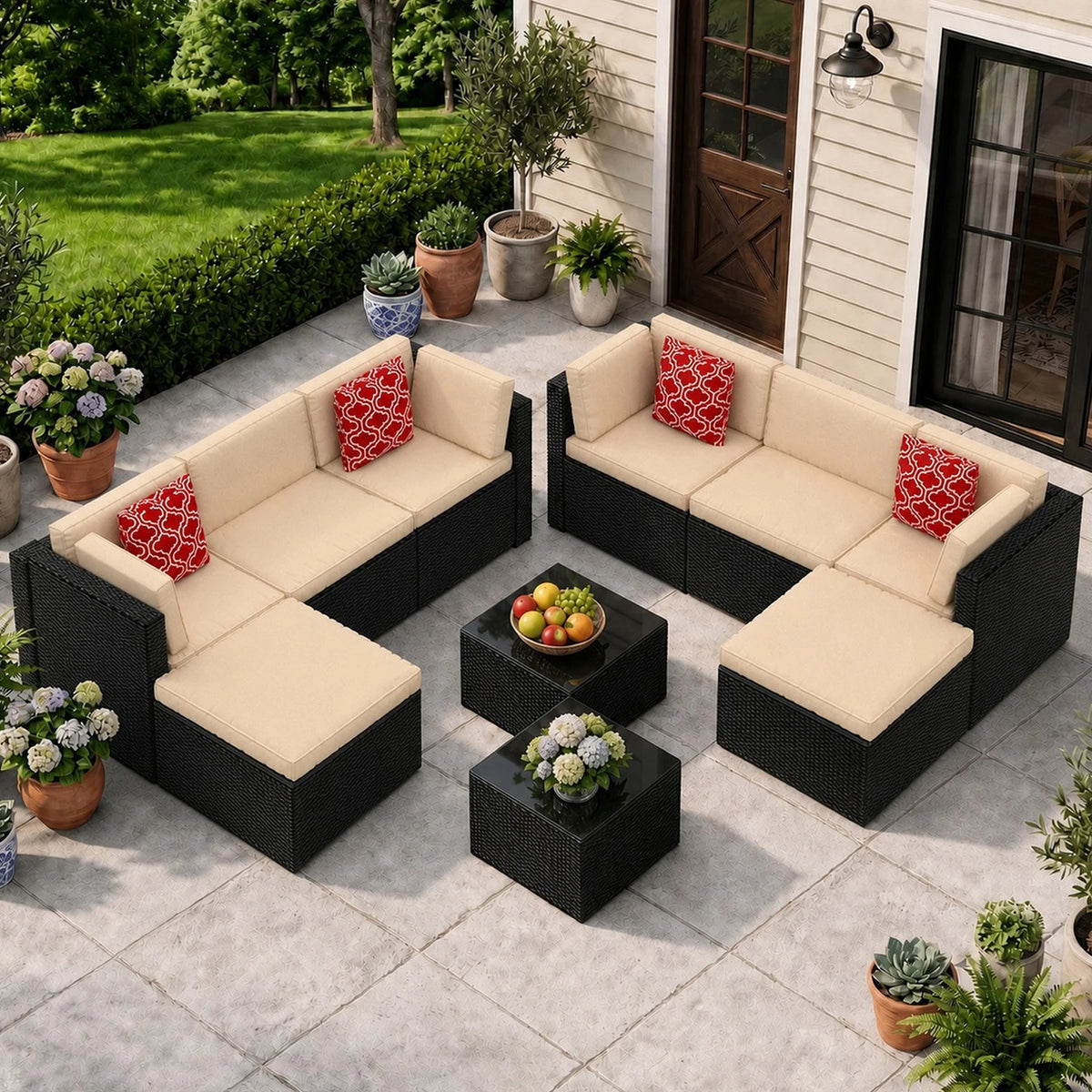 10/9 Piece Modular PE Wicker Patio Conversation Set, Outdoor Sectional Sofa with Removable Thick Cushions, Glass Top Coffee Side Tables, All Weather Rattan Furniture for Backyard Poolside Garden Deck