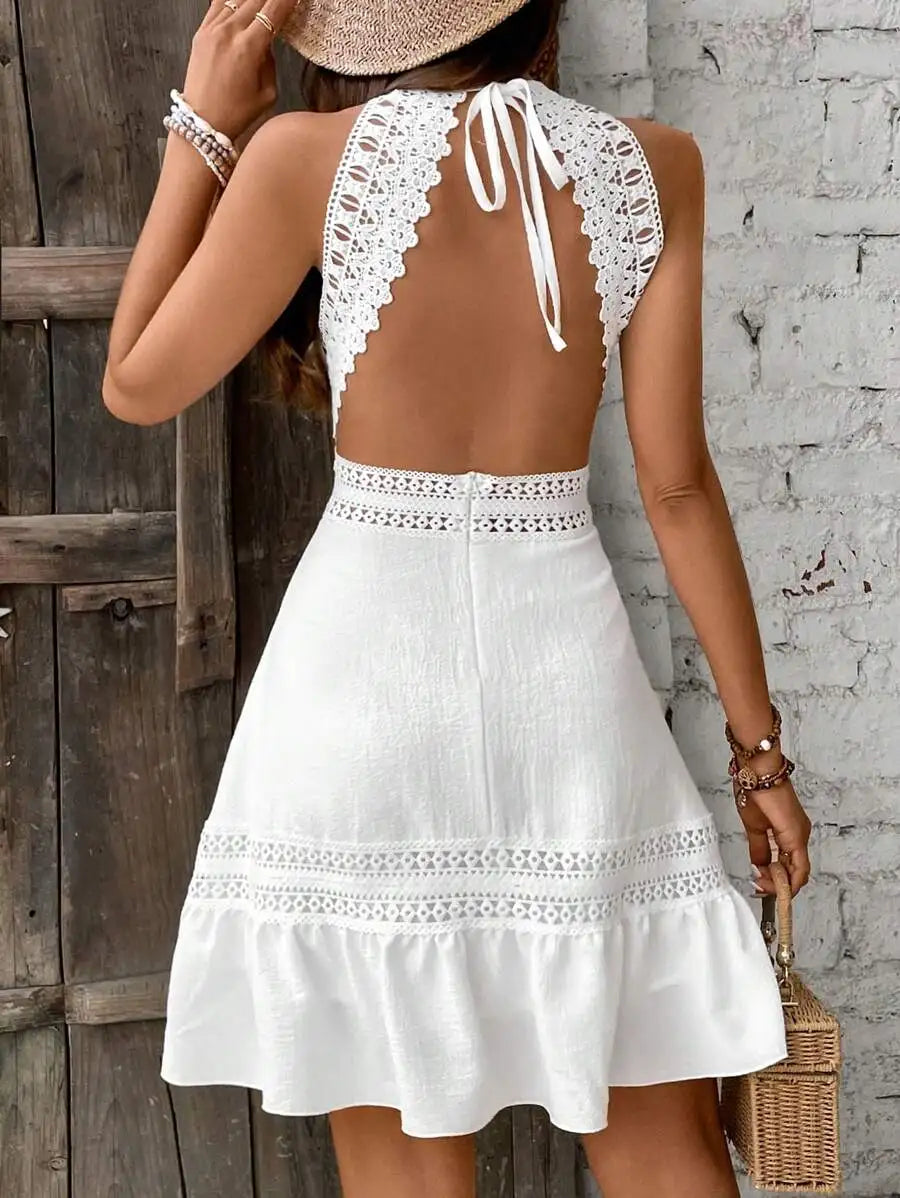 Vintage Style Womens Lace Backless Mini Dress Beach Vacation Outfit