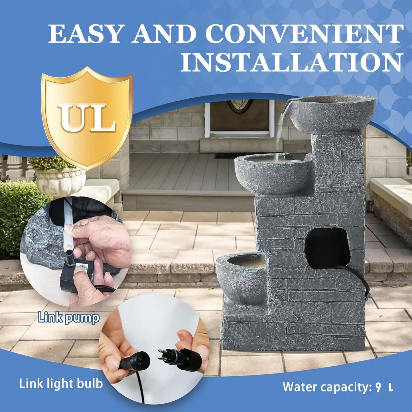 Outdoor Water Fountains with Cascading Bowls, 4-Tiers Fountains and Waterfalls w/LED Lights,Indoor Morden Floor Standing Resin W