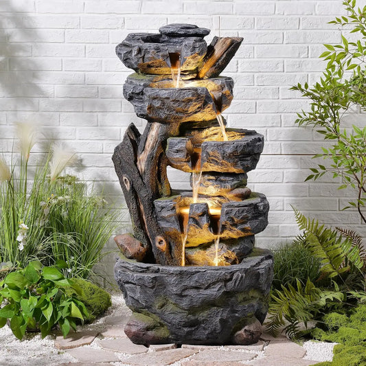 Large Water Fountain Outdoor - 5 Tiers Cascade Floor Standing Rock Wood Like Waterfall Fountain with LED Lights, Custom