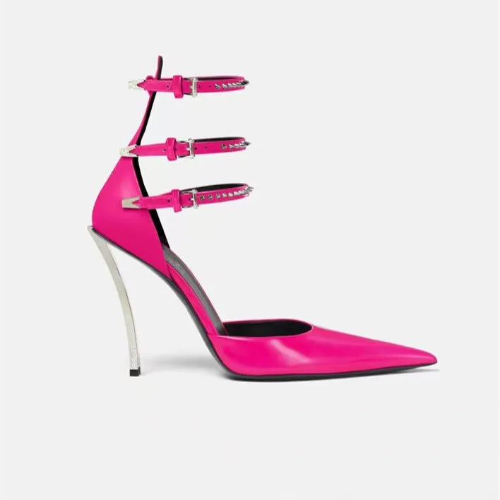 Women's High-end Metal Thin High-heeled Pointed Sandals Fashion Models Sexy Nightclub Party Shoes Wedding Red High-heeled Shoes