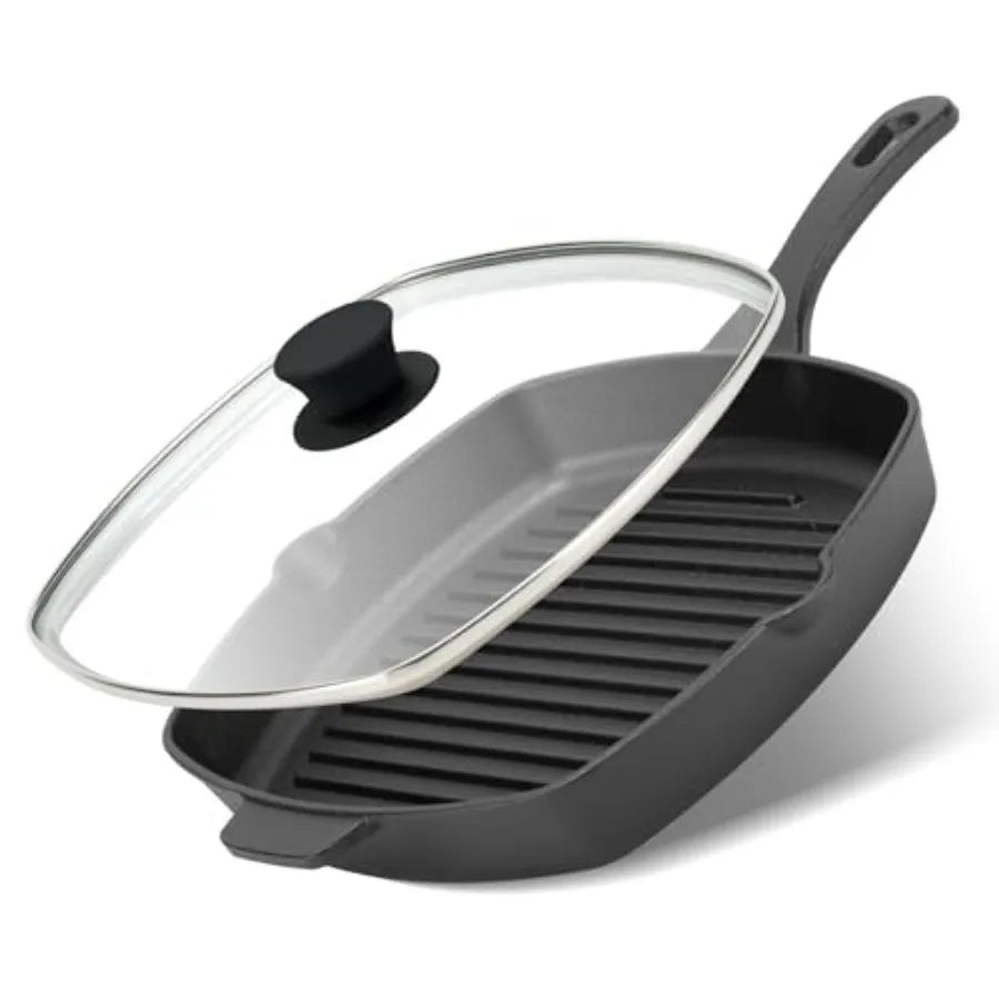 10.5 Inch Cast Iron Square Grill Pan with Tempered Glass Lid Heavy Steak and Bacon Pans for Stove Tops