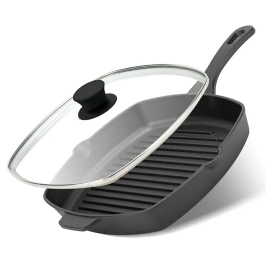 10.5 Inch Cast Iron Square Grill Pan with Tempered Glass Lid Heavy Steak and Bacon Pans for Stove Tops