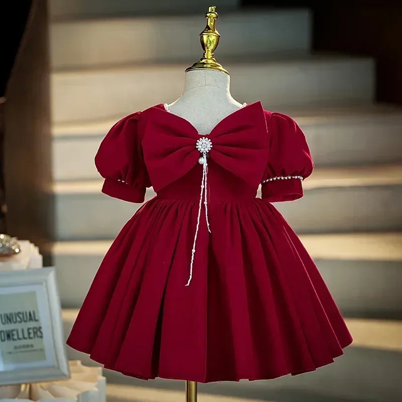 2025 Red Dress For Children Formal Party Dresses For Baby Girl ClothesKids With Big Bow Girls Teenagers Beading Plain Ball Gown