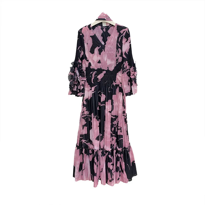 Fold Miyake Pleated Pink Tie Dye Floral Print V Neck Ruffle Sleeve Pearl Beaded Waist Maxi Dress Loose Breathable Elegant Wear