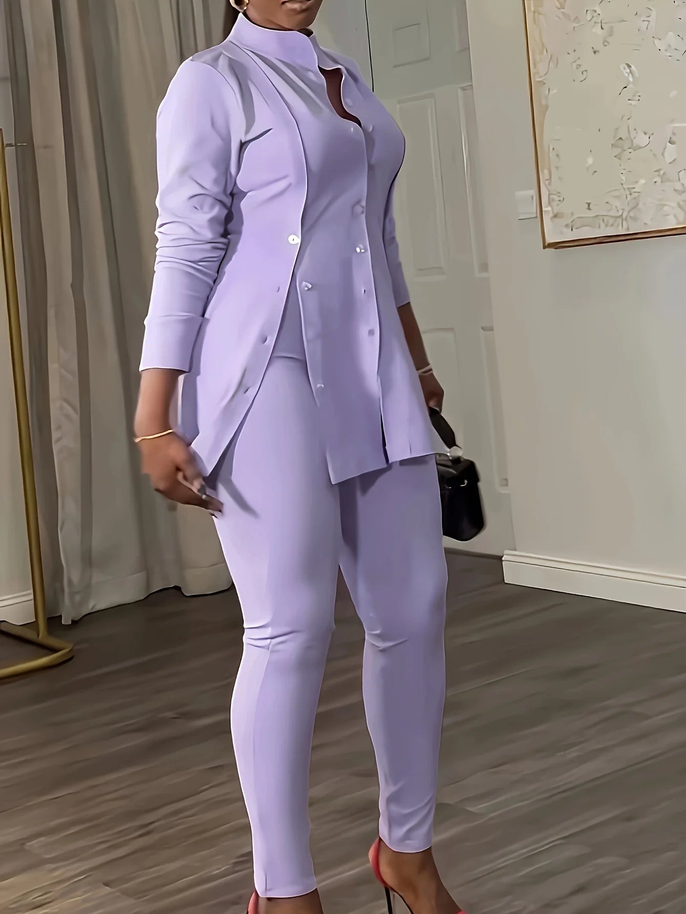 Daily Simple Button Slit Solid Color Shirt Collar Long Sleeve Two Piece Set