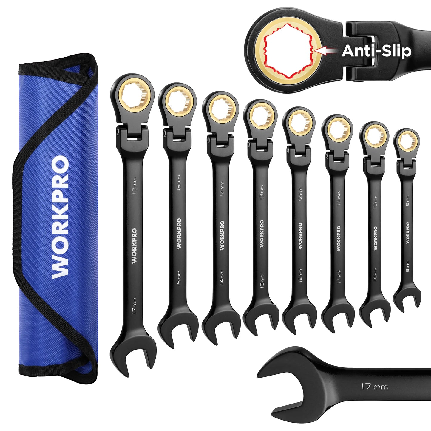WORKPRO 8pcs Flex-Head Ratcheting Combination Wrench Set SAE 5/16-3/4 in 72-Teeth CR-V Constructed