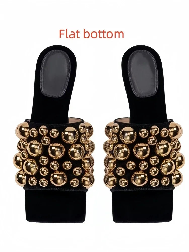 European AndAmerican Nichelightluxurycolorblocked Rivet Flat Bottomed Shallow Mouth Single Shoe Women's Fashion Runway Slippers