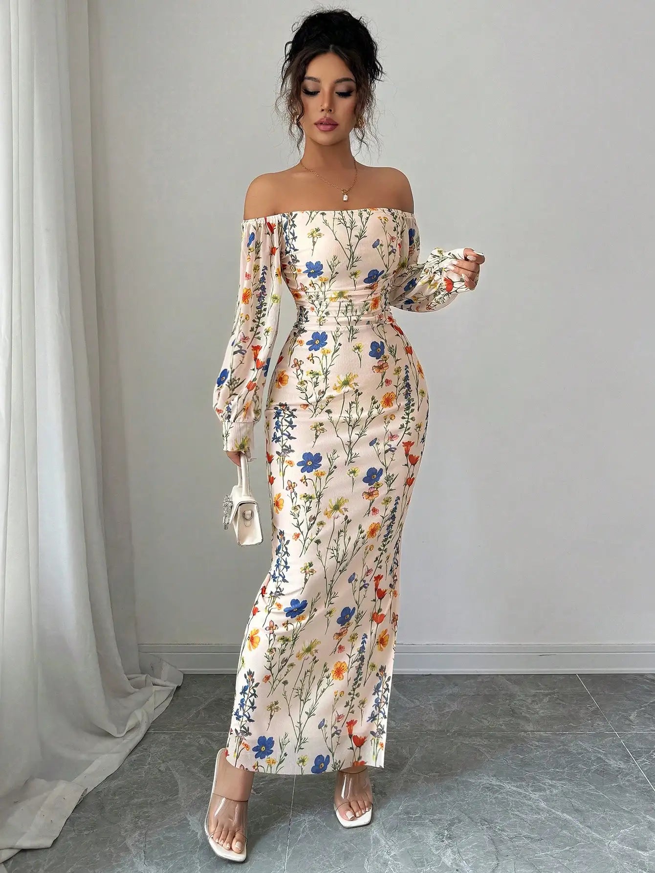 Off Shoulder Floral Print Long Sleeve Maxi Dress With Side Slit