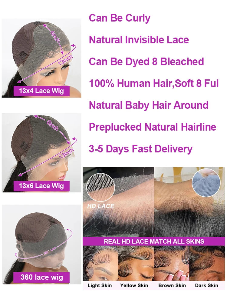 40 46 Inch Transparent 13x4 13x6 HD Bone Straight Lace Frontal Wigs 300% Density 360 Full Lace Front Human Hair Wigs For Women