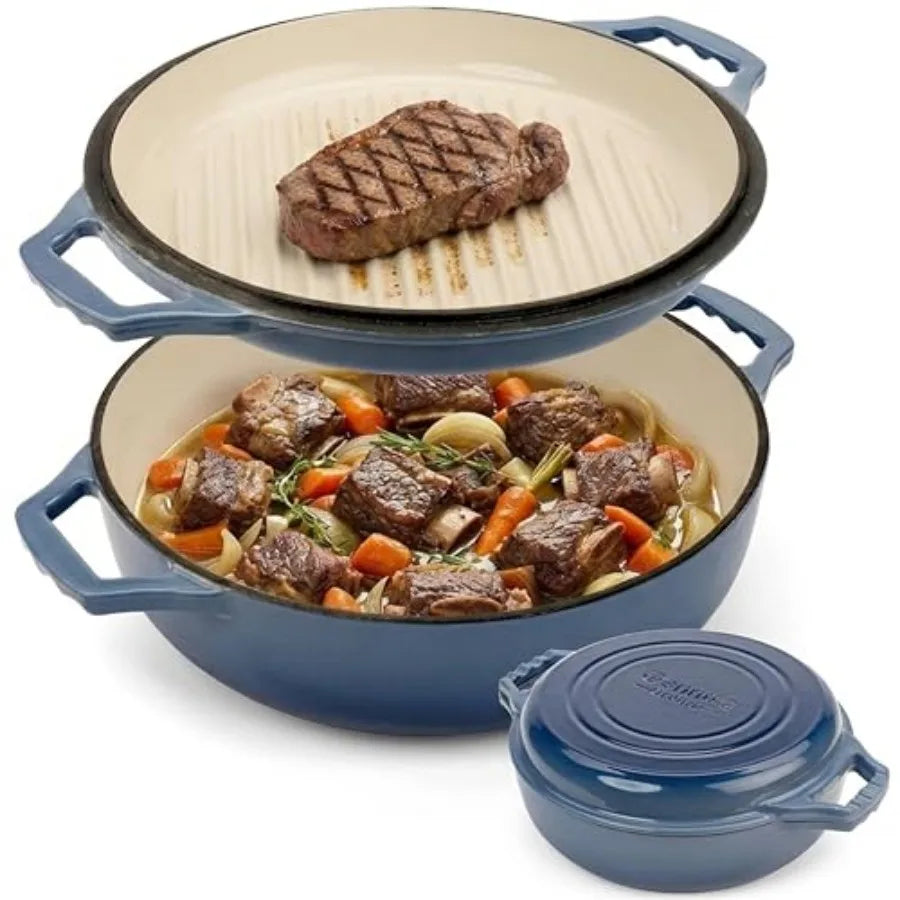 2-in-1 Enameled Cast Iron Braiser Pan with Grill Lid - 3.3-Quart Small Dutch Oven Serves as Both Casserole and Stovetop Grill P