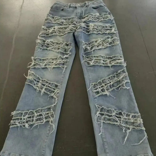 Y2K 90s Street Style Women's Vintage Fringed Distressed Flare Jeans - High Stretch Unique Tassel Design Hip Hop Fashion for All