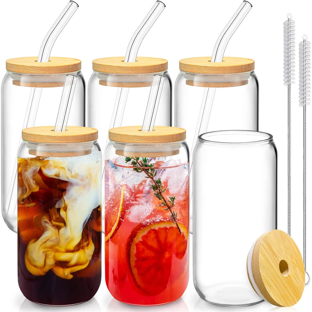 2/4/6pcs Glass Can Shaped Cups with Spill-Proof Lids and Straws 500ml Glass Cup with Bonus Straw Brushes Perfect Birthday Gift