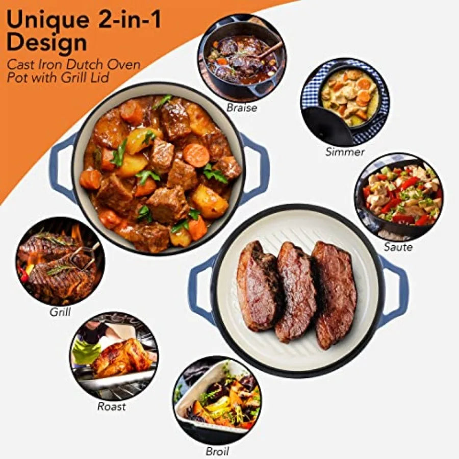 2-in-1 Enameled Cast Iron Braiser Pan with Grill Lid - 3.3-Quart Small Dutch Oven Serves as Both Casserole and Stovetop Grill P