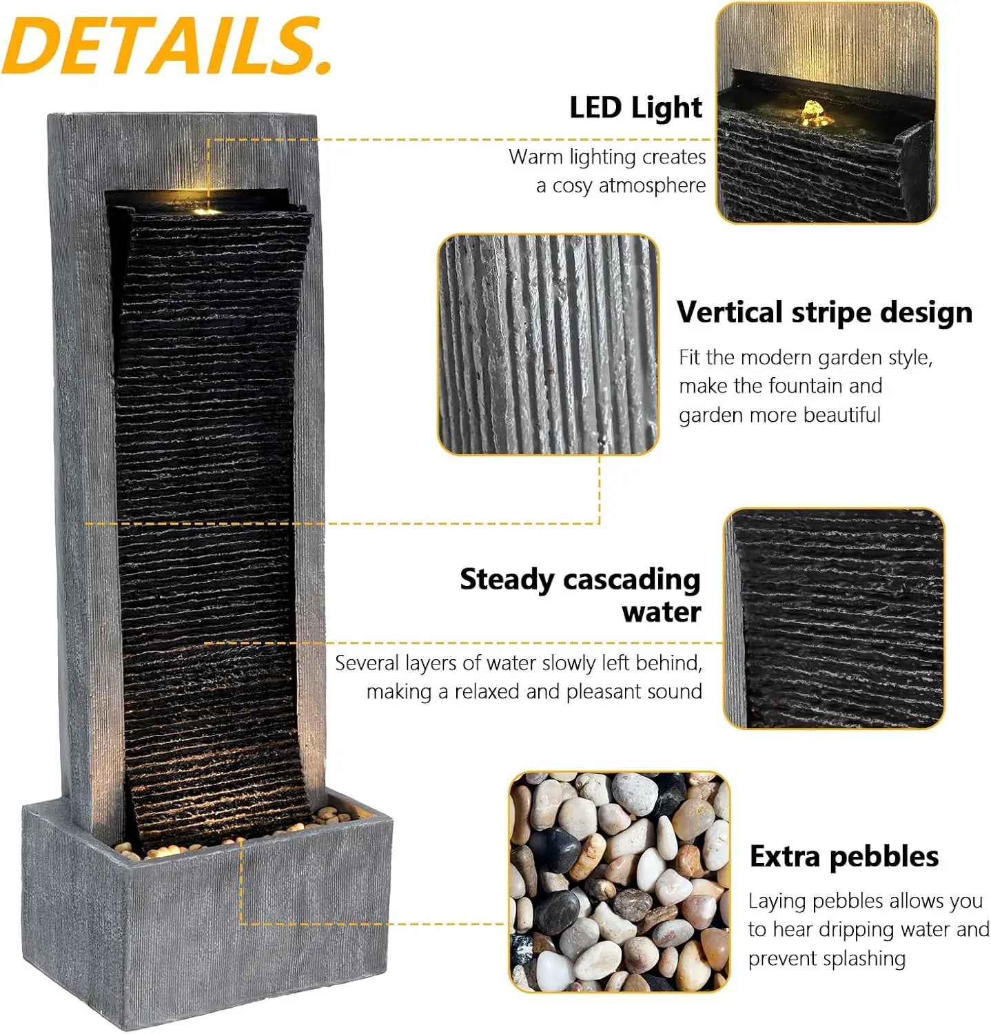 49.6''H Cascading Rock Water Fountain Outdoor Garden Waterfall with Lights, Fountain Indoor Decor for Garden, Patio, Backyard, D