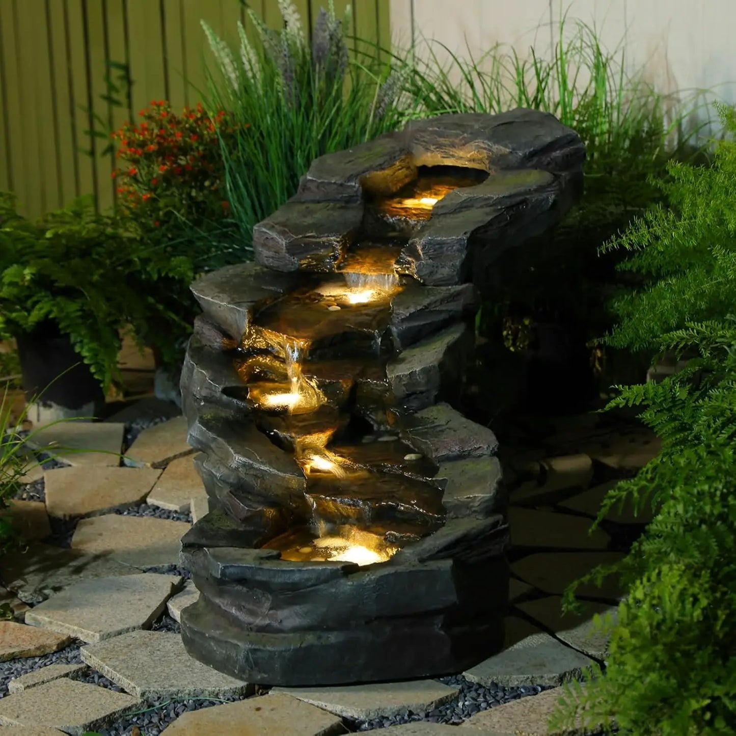 49" L Garden Outdoor Water Fountain 5-Tiers Rock Natural Waterfall Fountains Floor Standing Water Features with LED, Custom