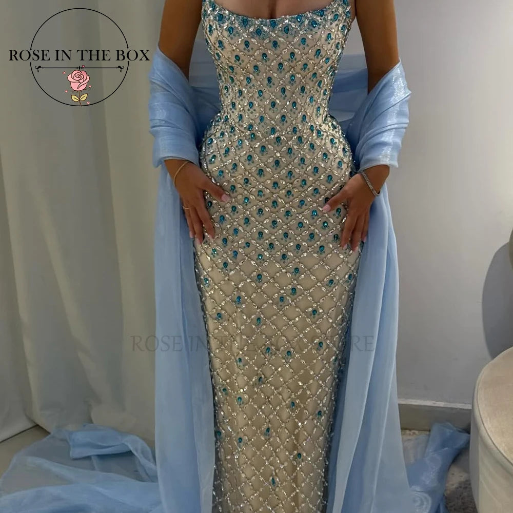 ROSEINTHEBOX Customized Exquisite Crystals Beaded Mermaid Evening Dresses with Light Blue Chiffon Shawl Formal robes de soirée