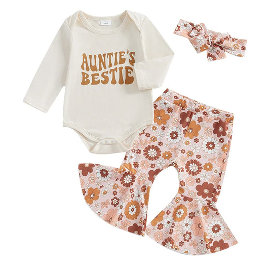 Baby Girl Fall Outfits Letter Print Long Sleeve Romper Flower Print Flare Pants Headband 3Pcs Clothes Set