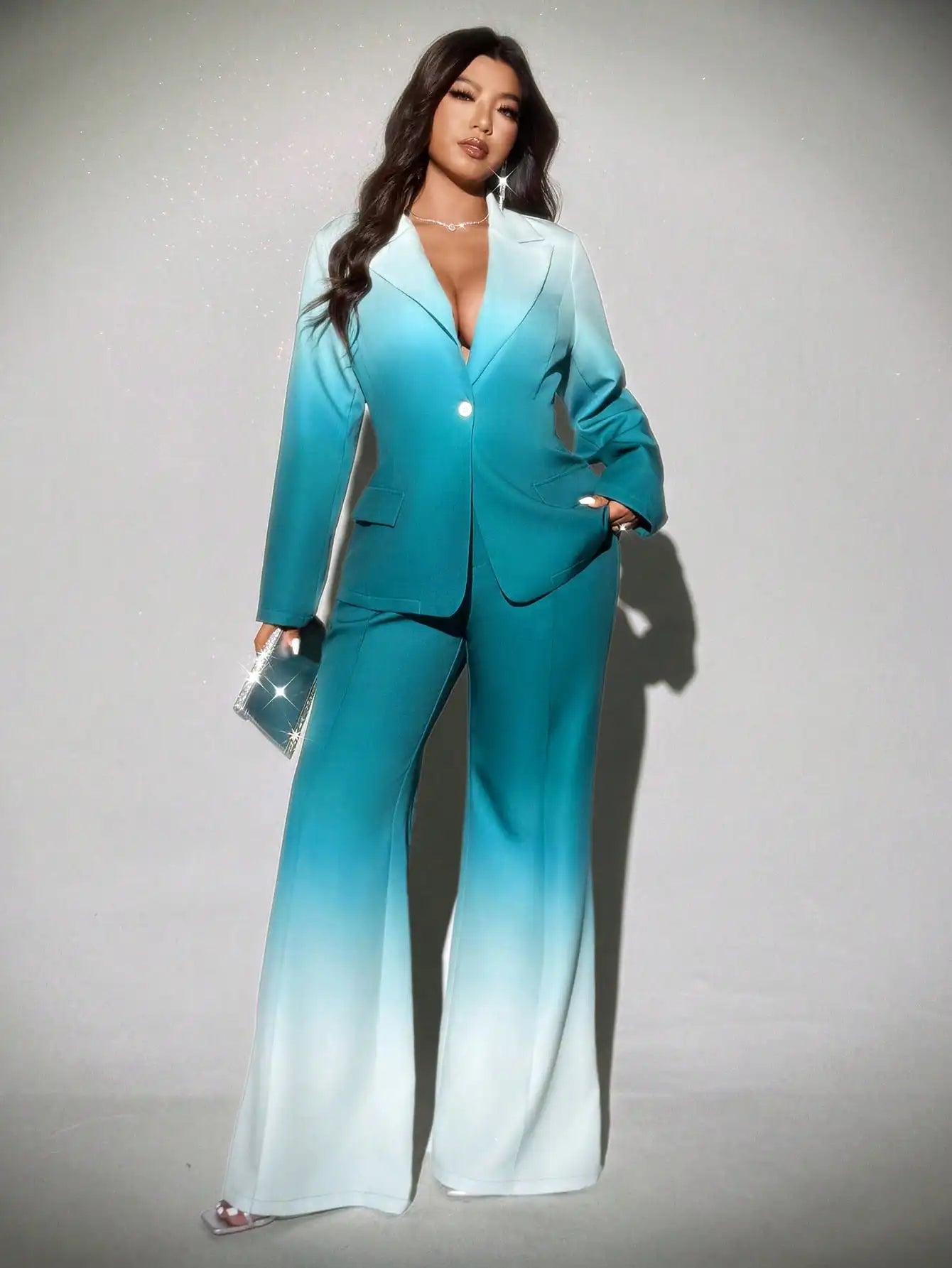Plus Size Ombre Flared Suit Set for Women, Elegant Blazer & Wide Leg Pants, Fall Winter Stylish Outfit
