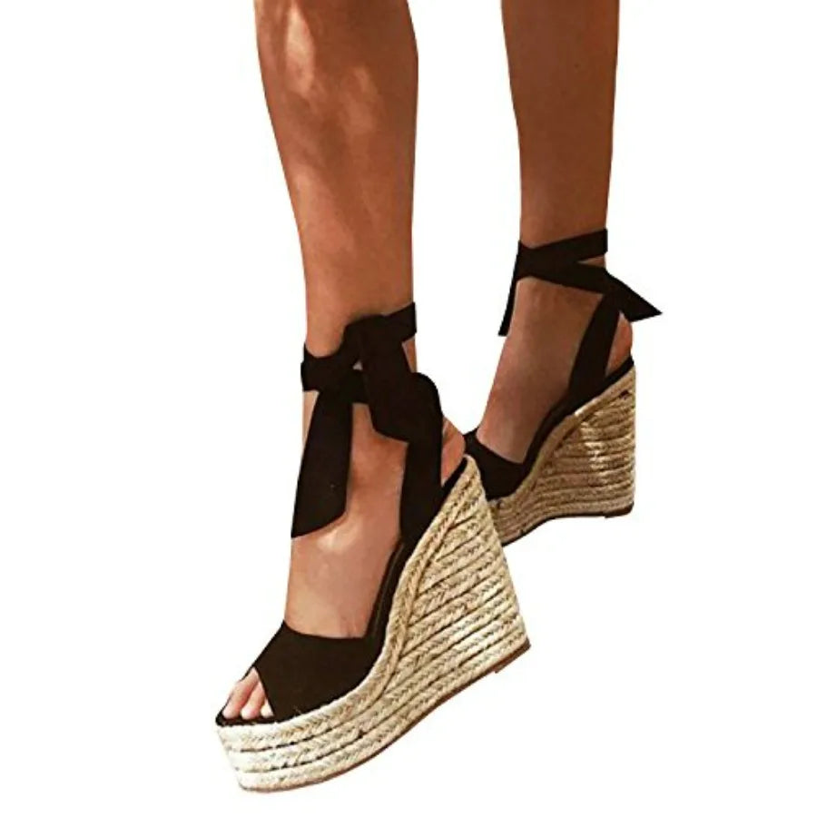 Womens Espadrilles Wedges Sandals Heels Open Toe Tie Lace Up Platform Ankle Strap Summer Dress Shoes