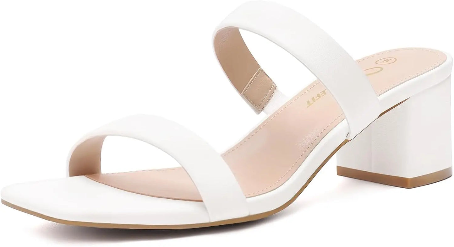 Women's Two Strap Open Toe Heels Sandals Chunky Block Comfortable Slip On Low Heel Dress Shoes