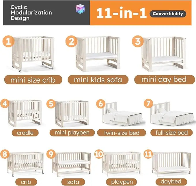 11-in-1 Convertible Baby Crib With Removable Wheels, Washed Natural, 4 Mattress Heights, New Zealand Pinewood, MAMAZING
